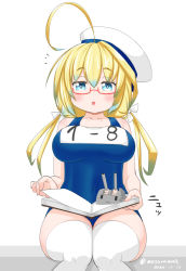 Rule 34 | 1girl, ahoge, blonde hair, blue eyes, book, breasts, cowboy shot, dated, glasses, hat, i-8 (kancolle), kantai collection, large breasts, low twintails, masara (chuujou), name tag, one-hour drawing challenge, peaked cap, red-framed eyewear, rensouhou-chan, sailor hat, school swimsuit, semi-rimless eyewear, simple background, sitting, solo, swimsuit, thighhighs, twintails, twitter username, under-rim eyewear, white background, white thighhighs