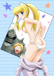 Rule 34 | 00s, 1girl, 2boys, alphonse elric, armor, ass, blonde hair, blue eyes, blush, blush stickers, breasts, caught, clothes pull, dimples of venus, earrings, edward elric, food, fullmetal alchemist, jewelry, looking back, medium breasts, mouth hold, multiple boys, panties, pants, pants pull, panty pull, ponytail, popsicle, striped, striped background, topless, underwear, undressing, white panties, winry rockbell, yasu rintarou