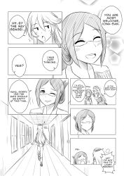 Rule 34 | 10s, 2girls, puff of air, ^ ^, blush, closed eyes, comic, embarrassed, english text, closed eyes, female focus, glasses, greyscale, hallway, hat, highres, indoors, iowa (kancolle), kantai collection, katori (kancolle), laughing, long hair, military, military uniform, monochrome, multiple girls, one eye closed, smile, uniform, upper body, wangphing, whispering