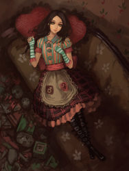 Rule 34 | 1girl, alice: madness returns, alice (alice in wonderland), alice in wonderland, alice liddell (american mcgee&#039;s alice), alternate costume, american mcgee&#039;s alice, black hair, boots, couch, doll head, fingerless gloves, frilled pillow, frills, gjred, gloves, green eyes, highres, lying, pillow, solo, tufted upholstery