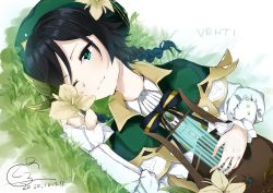 Rule 34 | 1boy, absurdres, androgynous, beret, black hair, blue hair, bow, braid, brooch, cape, character name, collared cape, collared shirt, corset, english text, flower, frilled sleeves, frills, gem, genshin impact, gradient hair, grass, green eyes, green hat, hat, hat flower, highres, holding, holding flower, holding instrument, huge filesize, instrument, jewelry, kurorin5, leaf, long sleeves, lying, lyre, male focus, multicolored hair, on back, one eye closed, shirt, short hair with long locks, signature, smile, solo, twin braids, venti (genshin impact), white flower, white shirt