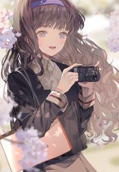 Rule 34 | 1girl, :d, bad id, bad pixiv id, bag, black shirt, brown hair, brown skirt, camera, cardcaptor sakura, collared shirt, commentary request, daidouji tomoyo, dal (edalnem), day, flower, holding, holding camera, long hair, looking at viewer, necktie, open mouth, outdoors, petals, pink flower, purple eyes, school uniform, shirt, shopping bag, skirt, smile, solo, teeth, tomoeda elementary school uniform, upper teeth only, very long hair, white necktie