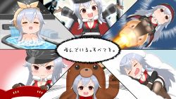 Rule 34 | 1girl, :d, = =, animal costume, arms up, azur lane, bare shoulders, bathing, bear costume, black jacket, black pantyhose, blush, bra, bra peek, breasts, brown gloves, brown pantyhose, cap105, cape, chibi, cleavage, closed mouth, collarbone, commentary request, cosplay, cross, crossed bangs, drooling, emphasis lines, full body, fur-trimmed cape, fur trim, gloves, graf zeppelin (azur lane), hair between eyes, hat, head tilt, highres, iron cross, jacket, kigurumi, large breasts, long hair, long sleeves, looking at viewer, lying, military hat, mouth drool, o/, on side, open mouth, outstretched arms, pantyhose, peaked cap, red eyes, rocket, sidelocks, silver hair, simple background, sitting, skirt, sleeping, smile, sparkle, standing, teeth, thighband pantyhose, towel, towel on head, translation request, underwear, uniform, upper body, upper teeth only, very long hair