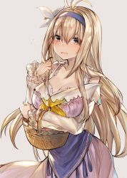 Rule 34 | 1girl, bare shoulders, basket, blonde hair, blue eyes, blush, breasts, cleavage, flower, granblue fantasy, hair flower, hair ornament, hairband, highres, jeanne d&#039;arc (granblue fantasy), large breasts, long hair, looking at viewer, open mouth, ryuuji teitoku, simple background, solo
