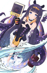 Rule 34 | 1girl, ao-chan (ninomae ina&#039;nis), aqua footwear, arms behind back, bare shoulders, black dress, blue eyes, blunt bangs, blush, book, bottle, chopsticks, clover print, collarbone, cup, cup ramen, cutout above navel, detached collar, detached sleeves, dress, feathered wings, flat chest, fur collar, fur trim, gem (symbol), geta, hair ornament, heart, heart print, holding, holding bottle, holding cup, hololive, hololive english, holomyth, kawaiipony2, long hair, looking at viewer, low wings, mole, mole under eye, ninomae ina&#039;nis, ninomae ina&#039;nis (1st costume), purple hair, sidelocks, simple background, single thighhigh, smile, soda bottle, solo, strapless, strapless dress, swirl, tentacles, thighhighs, toeless footwear, very long hair, virtual youtuber, water, white background, white thighhighs, wings