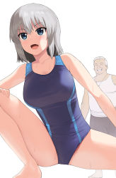 Rule 34 | 1boy, 1girl, a1 (initial-g), aged down, alternate hairstyle, blue eyes, blue one-piece swimsuit, breasts, closed eyes, collarbone, competition swimsuit, fang, grey hair, hair between eyes, hand on own thigh, large breasts, old, old man, one-piece swimsuit, open mouth, short hair, shorts, simple background, skin fang, smile, standing, stretching, swimsuit, tank top, thighs, uzaki-chan wa asobitai!, uzaki hana, wet, white background, white hair, white tank top