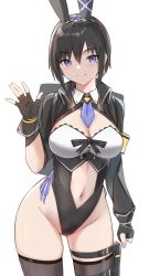 Rule 34 | 1girl, absurdres, animal ears, bad id, bad pixiv id, bee doushi, black hair, black jacket, black leotard, blue eyes, blush, breasts, brown thighhighs, center opening, cleavage, cropped jacket, fake animal ears, fingerless gloves, gloves, highleg, highleg leotard, highres, jacket, large breasts, leotard, long sleeves, looking at viewer, mole, mole under eye, navel, original, playboy bunny, rabbit ears, short hair, shrug (clothing), simple background, smile, solo, thighhighs, thighs, white background
