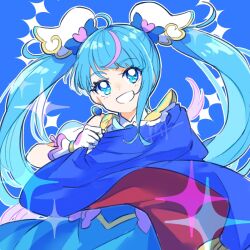 Rule 34 | 1girl, blue bow, blue cape, blue eyes, blue hair, bow, cape, commentary request, cure sky, earrings, gloves, grin, highres, hirogaru sky! precure, jewelry, long hair, magical girl, pink bow, precure, single sidelock, smile, solo, sora harewataru, sorashinakei k, twintails, very long hair, white gloves, wing hair ornament