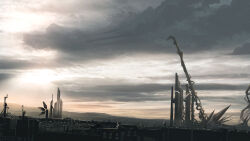 Rule 34 | advarcher, cloud, cloudy sky, dutch angle, highres, ladder, no humans, original, outdoors, scenery, sky, sunset, tower