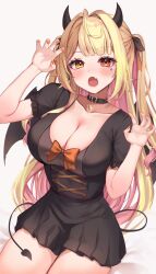 Rule 34 | 1girl, absurdres, black choker, black dress, black ribbon, blonde hair, blush, bow, breasts, choker, claw pose, cleavage, commentary request, dress, facial mark, fang, frilled sleeves, frills, hair ribbon, halloween, hands up, heterochromia, highres, horns, hoshikawa sara, large breasts, long hair, looking at viewer, multicolored hair, nail polish, nijisanji, open mouth, orange bow, orange nails, pink hair, pleated dress, red eyes, reityana, ribbon, short sleeves, simple background, sitting, skin fang, solo, star (symbol), star facial mark, tail, two-tone hair, two side up, very long hair, virtual youtuber, yellow eyes