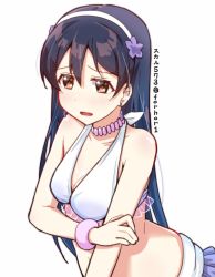 Rule 34 | 1girl, bikini, blue hair, bracelet, commentary request, flower, frilled bikini, frills, hair between eyes, hand on own arm, hibiscus, jewelry, long hair, love live!, love live! school idol project, natsuiro egao de 1 2 jump!, necklace, open mouth, simple background, skull573, solo, sonoda umi, swimsuit, upper body, white background, yellow eyes