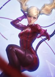Rule 34 | 10s, blonde hair, blue eyes, boots, cleavage cutout, clothing cutout, eyelashes, gloves, highres, lips, looking at viewer, persona, persona 5, raikoart, skin tight, solo, takamaki anne, thigh boots, thighhighs, twintails, whip