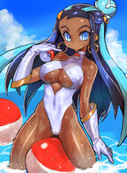 Rule 34 | 1girl, alternate costume, black hair, blue eyes, breast cutout, breasts, cleavage, cleavage cutout, clothing cutout, cloud, commentary request, creatures (company), dakusuta, dark-skinned female, dark skin, day, earrings, eyelashes, game freak, gloves, hair bun, highres, holding, holding poke ball, hoop earrings, jewelry, large breasts, long hair, looking at viewer, makeup, multicolored hair, nessa (pokemon), nintendo, one-piece swimsuit, outdoors, parted lips, poke ball, poke ball (basic), pokemon, pokemon swsh, silver gloves, silver one-piece swimsuit, single hair bun, sky, solo, swimsuit, two-tone hair, water, wet
