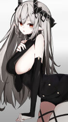 Rule 34 | 1girl, :o, absurdres, alternate costume, arknights, bare shoulders, black dress, breasts, bridal gauntlets, dress, gradient background, grey background, grey hair, hair between eyes, hand on own chest, highres, horns, large breasts, leaning forward, long hair, looking at viewer, mudrock (arknights), open mouth, pointy ears, red eyes, sideboob, skindentation, solo, thigh strap, touko (toko12 tooko), very long hair