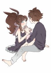 Rule 34 | 1boy, 1girl, alternate costume, bare arms, barefoot, blush, brown dress, brown hair, closed mouth, commentary request, creatures (company), dress, eye contact, frown, game freak, grey pants, hagetapo, high ponytail, hilbert (pokemon), hilda (pokemon), holding, long hair, looking at another, nintendo, open mouth, pants, pokemon, pokemon bw, shirt, short hair, sidelocks, toes