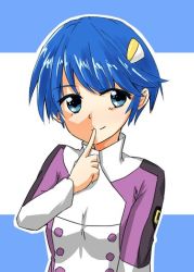 Rule 34 | 1girl, blue eyes, blue hair, breasts, closed mouth, finger to mouth, hair ornament, long sleeves, looking at viewer, parted bangs, scheris adjani, scryed, short hair, simple background, small breasts, smile, solo, uniform, upper body, yuki nana