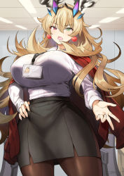 Rule 34 | 1girl, black skirt, blonde hair, blush, breasts, brown pantyhose, collared shirt, dress shirt, earrings, barghest (fate), fate/grand order, fate (series), green eyes, heterochromia, highres, horns, id card, jacket, jacket on shoulders, jewelry, lanyard, large breasts, long hair, long sleeves, looking at viewer, office lady, open mouth, pantyhose, pencil skirt, red eyes, red jacket, shirt, skirt, solo, thighs, tyone, white shirt