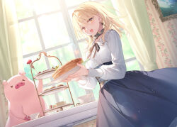 Rule 34 | &gt; &lt;, 1girl, animal, black ribbon, blonde hair, blue dress, braid, buta no liver wa kanetsu shiro, collar, collared shirt, cup, curtains, day, dress, earrings, food, fork, fruit, hair between eyes, hat, holding, holding fork, holding plate, indoors, jess (buta no liver wa kanetsu shiro), jewelry, long sleeves, looking at viewer, open mouth, orange eyes, pig, pig (buta no liver wa kanetsu shiro), plate, ribbon, shirt, smile, strawberry, sunlight, teacup, toosaka asagi, traditional media, white collar, white shirt, witch hat