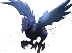 bird black_sclera blurry colored_sclera commentary_request corviknight creatures_(company) game_freak gen_8_pokemon morio_(poke_orio) nintendo no_humans open_mouth pokemon pokemon_(creature) red_eyes solo talons