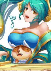 Rule 34 | 1boy, 1girl, animated, animated gif, bare shoulders, bouncing breasts, breast rest, breasts, chan qi (fireworkhouse), chanseven, harp, huge breasts, instrument, league of legends, looking at viewer, musical note, simple background, sona (league of legends), teemo, white background
