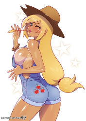 Rule 34 | 1girl, apple, applejack, artist name, bare shoulders, blonde hair, blue eyes, blush, breasts, commentary, cowboy hat, denim, english commentary, fingernails, food, freckles, from behind, fruit, hat, kajin (kajinman), large breasts, lips, long hair, looking at viewer, looking back, mole, mole on breast, mole on thigh, my little pony, nail polish, one eye closed, overalls, personification, pink nails, sideboob, simple background, smile, solo, standing, star (symbol), tan, white background
