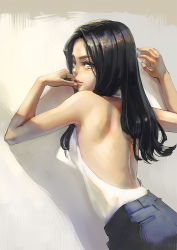 Rule 34 | 1girl, aro (charged time out), back, backless outfit, bad id, bad pixiv id, bare back, bare shoulders, black hair, finger to mouth, green eyes, lips, long hair, looking back, original, parted lips, solo