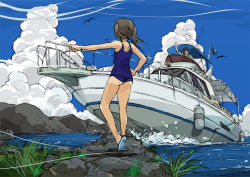 Rule 34 | 1boy, 1girl, aoi zero, ass, bird, black hair, boat, cloud, day, from behind, grass, hand on own hip, highres, ocean, one-piece swimsuit, original, outdoors, outstretched arm, pointing, rock, school swimsuit, short hair, short twintails, sky, standing, swimsuit, twintails, water, watercraft, yacht