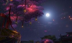 Rule 34 | architecture, cherry blossoms, cloud, east asian architecture, full moon, highres, hy vong (phong canh), lantern, moon, night, night sky, no humans, original, outdoors, paper lantern, scenery, sky, third-party source, tree
