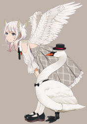 Rule 34 | 1girl, animal, bird, black bow, black bowtie, black footwear, black hat, blue eyes, bow, bowtie, brown background, clothed animal, collar, detached collar, dress, eyebrows hidden by hair, feathered wings, frilled dress, frills, from side, full body, gradient hair, grey dress, hat, leaning forward, long sleeves, looking to the side, mattaku mousuke, multicolored hair, original, pantyhose, pink hair, pleated dress, puffy long sleeves, puffy sleeves, shirt, shoes, simple background, solo, standing, swan, twintails, white collar, white hair, white pantyhose, white shirt, white wings, wings