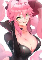 Rule 34 | 1girl, animal ears, black bodysuit, black choker, black gloves, bodysuit, bow, breasts, choker, cleavage, commentary, elbow gloves, fate/grand order, fate (series), fox ears, fox girl, fox tail, glasses, gloves, grey-framed eyewear, hair between eyes, hair bow, highres, huge breasts, koyanskaya (assassin) (first ascension) (fate), koyanskaya (fate), large breasts, looking at viewer, moritaeaka, open bodysuit, open clothes, open mouth, pink hair, red bow, side ponytail, simple background, smile, solo, tail, tamamo (fate), white background, yellow eyes