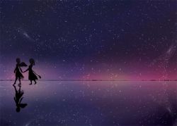 Rule 34 | 2girls, barefoot, behind another, doremy sweet, dress, from side, hat, holding hands, horizon, jajao, kishin sagume, long sleeves, multiple girls, night, night sky, nightcap, no reflection, reflection, ripples, short dress, short hair, silhouette, single wing, sky, star (sky), starry sky, tail, tapir tail, touhou, walking, walking on liquid, water world, wings