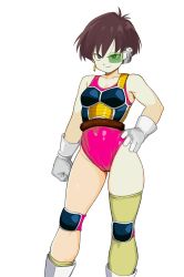 Rule 34 | 1girl, armor, boots, breasts, brown hair, cameltoe, closed mouth, commentary request, covered navel, dragon ball, dragonball z, earrings, gloves, hand on own hip, highres, jewelry, knee pads, leotard, pink leotard, rokoido12, saiyan armor, scouter, seripa, short hair, single strap, single thighhigh, small breasts, smile, solo, spiked hair, standing, tail, thighhighs, white footwear