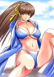 Rule 34 | 1girl, artbook, bikini, breasts, choker, cleavage, covered erect nipples, dead or alive, grey eyes, grey hair, hair ribbon, highres, kasumi (doa), large breasts, long hair, momoi nanabei, open clothes, ponytail, ribbon, side-tie bikini bottom, sitting, smile, solo, swimsuit, underboob