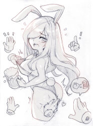Rule 34 | !, 1girl, 5others, animal ears, aria wintermint, ass, bare arms, bare shoulders, beer mug, blush, bow, bowtie, breasts, cleavage, cleavage reach, commentary, cropped legs, cup, detached collar, disembodied hand, embarrassed, english commentary, flying sweatdrops, food, fruit, heart, highres, large breasts, leotard, long hair, monochrome, motion lines, mug, multiple others, open mouth, parororo, peach, playboy bunny, rabbit ears, rabbit tail, simple background, slapping, sleeveless, solo focus, spanked, spanking, speech bubble, swept bangs, tail, tearing up, teeth, the crawling city, upper teeth only, white background