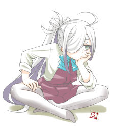 Rule 34 | 1girl, ahoge, asashimo (kancolle), blue bow, blue bowtie, blush, bow, bowtie, dress, ebifly, full body, green eyes, hair over one eye, indian style, kantai collection, long hair, long sleeves, looking away, one eye covered, pantyhose, ponytail, pout, shirt, signature, simple background, sitting, solo, very long hair, white background, white pantyhose, white shirt