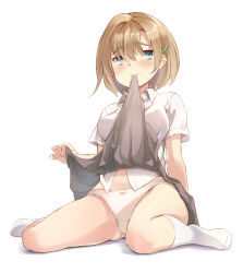 Rule 34 | 1girl, blue eyes, blush, brown hair, clothes in mouth, clothes lift, feet, hair ornament, hairclip, mouth hold, navel, no shoes, original, panties, shirt, short hair, sitting, skirt, skirt in mouth, skirt lift, socks, solo, u jie, underwear, upskirt, wariza, white background, white panties, white shirt