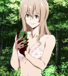 Rule 34 | 1girl, aoki clair, bare shoulders, blonde hair, blood, blood on hands, bra, breasts, cellphone, forest, freckles, gleipnir (series), highres, holding, holding cellphone, holding phone, long hair, medium breasts, nature, phone, screencap, smartphone, smile, solo, underwear, upper body