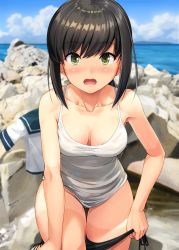 Rule 34 | 1girl, black hair, black panties, blue sky, blush, breasts, camisole, cloud, cloudy sky, collarbone, commentary, day, embarrassed, feet out of frame, fubuki (kancolle), green eyes, highres, ichikawa feesu, kantai collection, looking at viewer, medium breasts, ocean, open mouth, panties, rock, school uniform, serafuku, short hair, short ponytail, short sleeves, sky, solo, spaghetti strap, standing, underwear, underwear only, undressing
