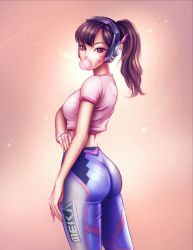 Rule 34 | 1girl, acronym, adapted costume, animal print, arm at side, ass, blue pants, breasts, brown eyes, brown hair, blowing bubbles, casual, chewing gum, clothes writing, commentary, cowboy shot, crop top, d.va (overwatch), facepaint, facial mark, from behind, from side, gradient background, headphones, lily santos, long hair, looking at viewer, looking to the side, medium breasts, midriff, overwatch, overwatch 1, pants, pink background, pink shirt, rabbit print, shirt, short sleeves, skin tight, solo, swept bangs, t-shirt, tan background, whisker markings