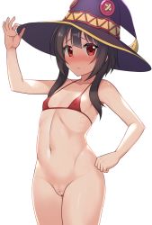 Rule 34 | 1girl, arm up, bare arms, bare shoulders, bikini, black hair, black hat, blush, bottomless, breasts, censored, cleft of venus, collarbone, commentary request, cowboy shot, groin, hand on headwear, hat, heart, heart censor, hormone koijirou, kono subarashii sekai ni shukufuku wo!, long hair, looking at viewer, megumin, micro bikini, navel, pussy, red bikini, red eyes, short hair, short hair with long locks, simple background, solo, swimsuit, white background, witch hat