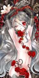 Rule 34 | 1boy, armpits, arms up, blood, bow, chain, choker, cowboy shot, doll joints, dripping, eyelashes, flower, gloves, glowing, grey hair, grey legwear, joints, kokutou mimi, lace, lace-trimmed legwear, lace gloves, lace trim, leaf, lipstick, long hair, looking at viewer, makeup, male focus, naked flower, navel, nipples, one eye closed, original, red eyes, red flower, red rose, ribbon, ribs, rose, scratches, see-through, silver lips, solo, sparkle, stitches, striped bow, striped ribbon, swept bangs, thorns, trap, veil, very long hair, white flower