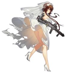 Rule 34 | 1girl, ass, blush, breasts, bridal veil, brown hair, closed mouth, collar, detached collar, dress, elbow gloves, fangdan runiu, flower, flower request, from side, girls&#039; frontline, gloves, gun, hair flower, hair ornament, high heels, holding, holding gun, holding weapon, kneepits, large breasts, light frown, long hair, looking at viewer, mechanical arms, no socks, official art, panties, red eyes, shoe soles, short hair with long locks, sideboob, simple background, solo, strapless, strapless dress, torn clothes, torn dress, torn veil, transparent background, type 79 (gazing from the dust) (girls&#039; frontline), type 79 (girls&#039; frontline), type 79 smg, underwear, veil, very long hair, weapon, wedding dress, white collar, white dress, white footwear, white gloves, white panties