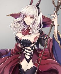 Rule 34 | black thighhighs, blue nails, blunt bangs, breasts, brown eyes, carmilla (fate), cleavage, closed mouth, fate/grand order, fate (series), fingernails, gradient background, highres, holding, holding staff, ichiyume ichiyu, large breasts, long hair, nail polish, o-ring, sharp fingernails, smile, solo, staff, thighhighs, very long fingernails, white hair, wide sleeves
