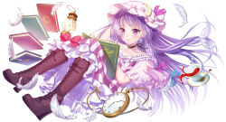 Rule 34 | 1girl, book, boots, brown footwear, candle, choker, collarbone, crescent, crescent hair ornament, cross-laced footwear, cup, earrings, feathers, frills, full body, hair ornament, hair ribbon, hat, high heel boots, high heels, jewelry, knee boots, lace-up boots, lantern, long hair, mob cap, nanamiya, neck ribbon, open book, patchouli knowledge, pocket watch, purple eyes, purple hair, reading, ribbon, ribbon choker, simple background, smile, solo, spoon, striped, sugar cube, teacup, touhou, tress ribbon, vertical stripes, very long hair, watch, white background