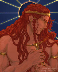 Rule 34 | 1boy, absurdres, armlet, bare arms, bare shoulders, blue background, body freckles, braid, crown, earrings, elden ring, freckles, gold bracelet, gold diadem, gold earrings, golden sword, highres, holding, holding sword, holding weapon, jewelry, lesbianviolet, long hair, looking to the side, male focus, multiple braids, radagon of the golden order, red hair, sunburst, sunburst background, sword, sword hilt, topless, topless male, weapon, yellow eyes