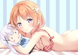 Rule 34 | 1girl, alternate costume, ass, bad id, bad pixiv id, blush, blush stickers, bottomless, bow, bra, breasts, brown hair, character doll, cleavage, closed mouth, eyebrows, eyelashes, from side, gochuumon wa usagi desu ka?, hair ornament, hairclip, hoto cocoa, hug, kafuu chino, karutamo, looking at viewer, lying, medium breasts, on bed, on stomach, open bra, pink bow, pink lips, plaid, plaid bra, purple eyes, short hair, smile, solo, striped, striped background, underwear, underwear only, unfastened, vertical stripes, x hair ornament