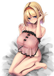 Rule 34 | 1girl, alice margatroid, babydoll, bare legs, barefoot, blonde hair, blue eyes, breasts, covered erect nipples, female pubic hair, hairband, highres, large breasts, lingerie, lolita hairband, pink babydoll, pubic hair, red hairband, see-through, seiza, short hair, simple background, sitting, solo, textless version, touhou, underwear, white background, yukito (dreamrider)
