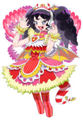 Rule 34 | 1girl, black hair, claw pose, cropped legs, demon horns, demon wings, dress, fake horns, fake wings, fangs, frilled dress, frills, gaaruru (pripara), hands up, headphones, horns, idol clothes, jewelry, long hair, looking at viewer, moudoku (decopon3rd), necklace, open mouth, pretty series, pripara, red dress, red horns, red thighhighs, sidelocks, solo, standing, teeth, thighhighs, tongue, tooth necklace, twintails, wings