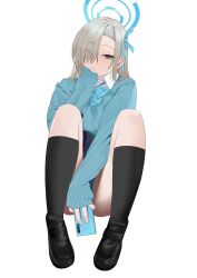Rule 34 | 1girl, absurdres, ass, asuna (blue archive), black footwear, black socks, blue archive, blue bow, blue bowtie, blue cardigan, blue eyes, blue halo, blush, bow, bowtie, buttons, cardigan, closed mouth, collared shirt, full body, hair over one eye, halo, highres, light brown hair, long hair, long sleeves, looking at viewer, shirt, shoes, simple background, socks, solo, tnr (horiko1525), white background, white shirt