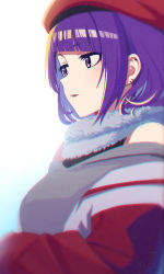 Rule 34 | 1girl, bare shoulders, beret, blue background, diagonal bangs, earrings, gradient background, grey shirt, hat, idolmaster, idolmaster shiny colors, jacket, jewelry, looking away, off-shoulder shirt, off shoulder, parted lips, purple eyes, purple hair, red hat, shirt, signature, solo, tanaka mamimi, tobade (tbdfactory), upper body, white background, white jacket